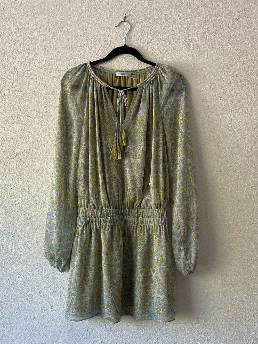Ramy Brook Brinley Paisley Mini Dress Small Green Blue Tassel Boho